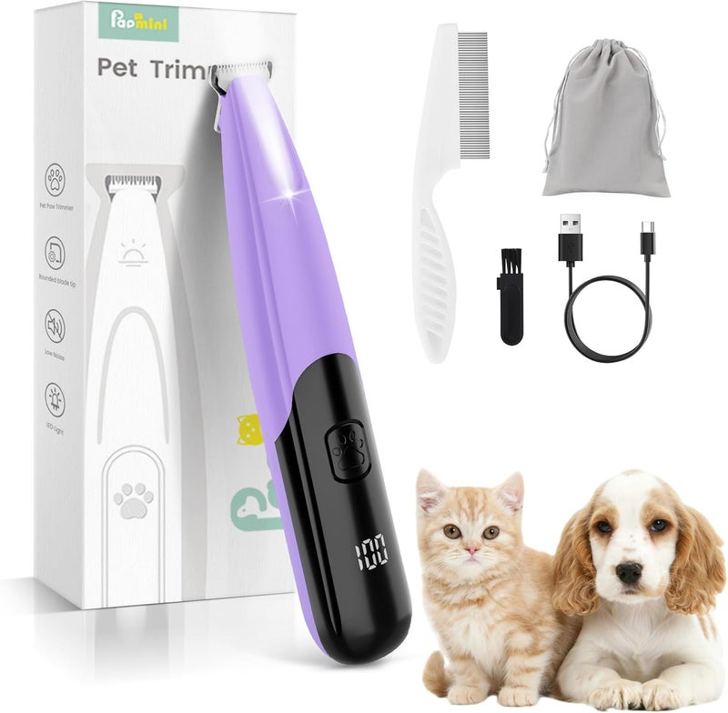PAPMINI Dog Paw Trimmer with LED Light, 35dB Low Noise Paw Trimmers for Dog's Feet, 2 Speed Safety Electric Dog Clippers for Grooming, Rechargeable Cat Shaver for Paws, Ears, Face, Rump (Purple) - Image 1